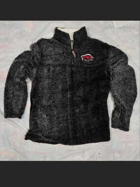 Black Plush Quarter-Zip Hoodie with Red Patch
